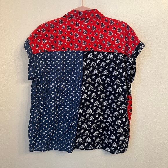 Style & Co Button Up Shirt Women’s 1X Cotton Red Blue Patchwork Ditsy Floral - Picture 7 of 12